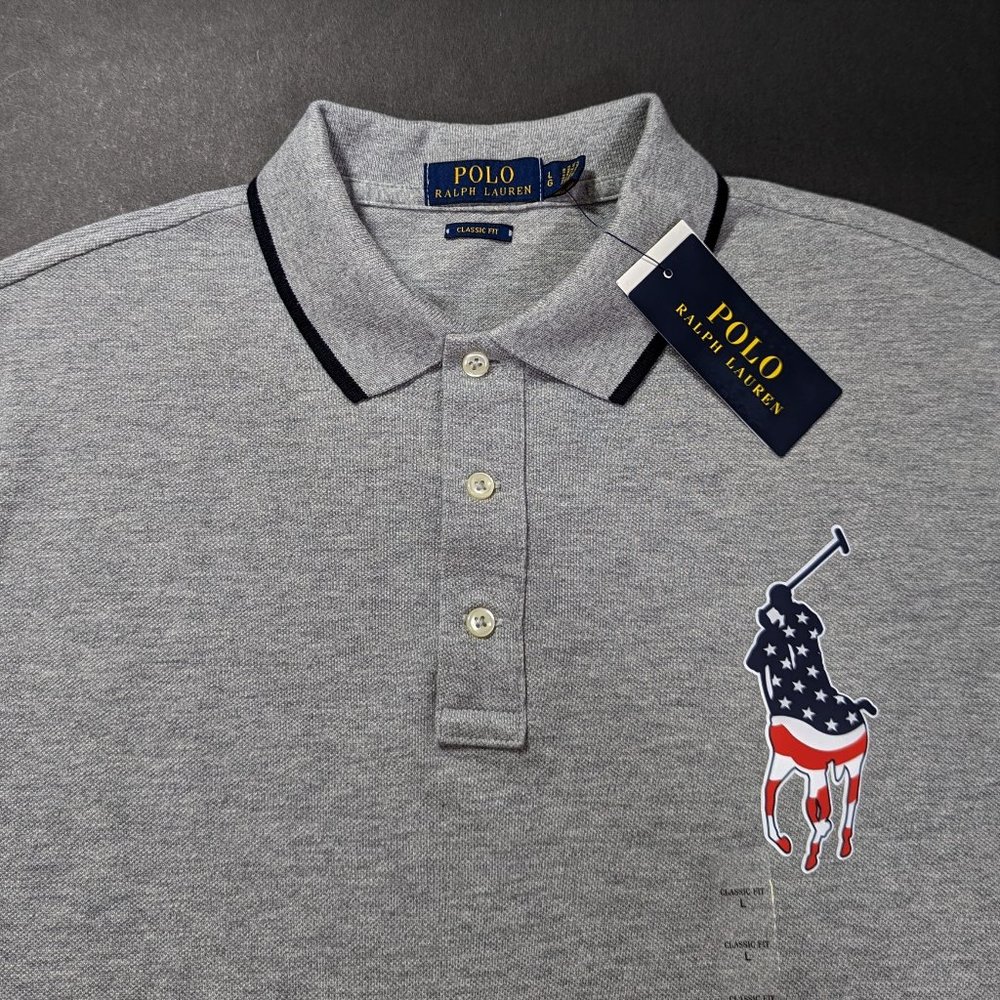 Polo Ralph Lauren Men`s Gray Classic Fit USA Flag Mesh Golf Polo Shirt Size XL